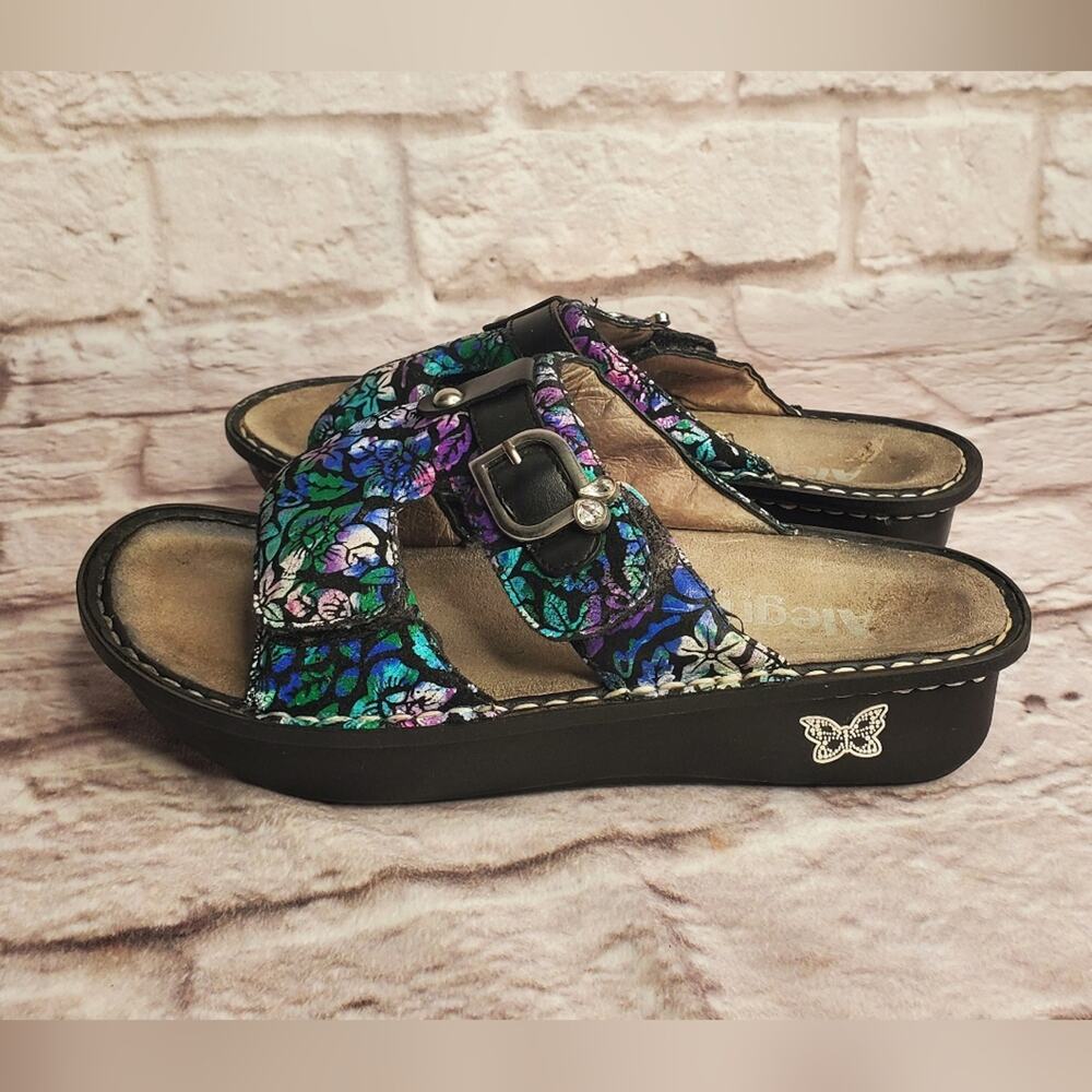 Alegria Peg-146 Hibiscus Floral Leather Strap Sandals euro 37  7 7.5 US